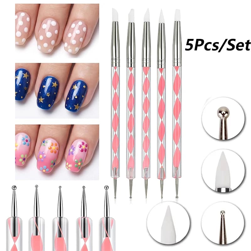 5Pcs High-Quality 2 Way Nail Art Acrylic Silicone Point Flower Nail Pen Stainless Steel Dotting Tools Marbleizing Painting Pens