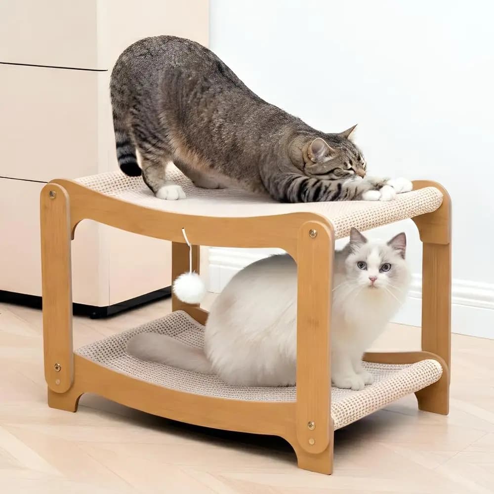 Tiragraffi a due livelli in sisal con amaca per gatti - Protezione durevole per mobili in legno