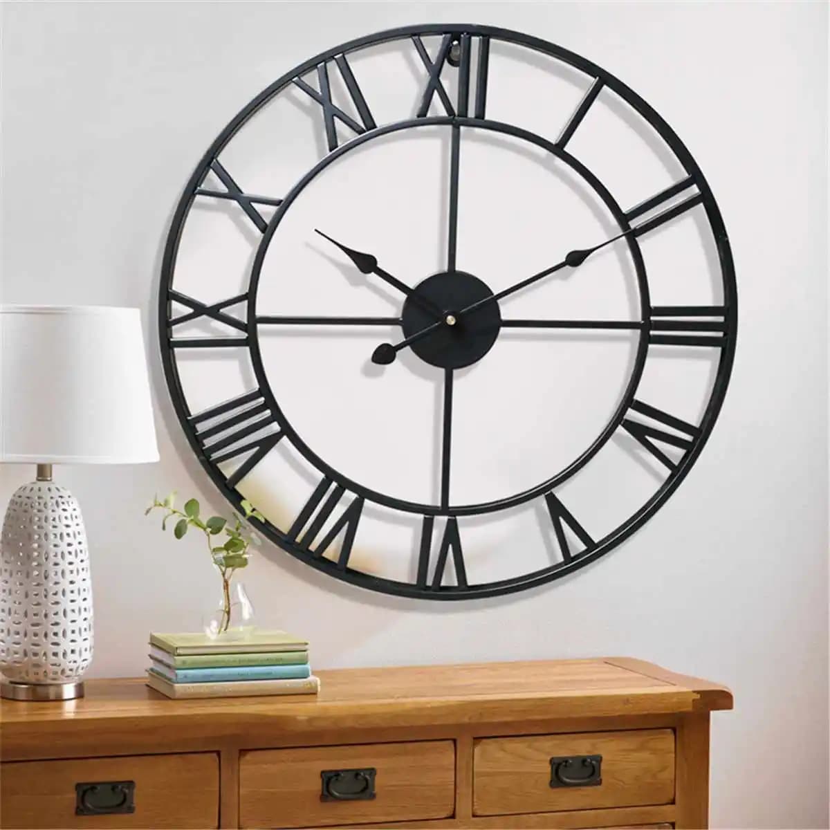 Wall Clock 3D Large 60CM, Roman Numerals, Retro Style, Metal Round, Silent, Nordic Decoration for Living