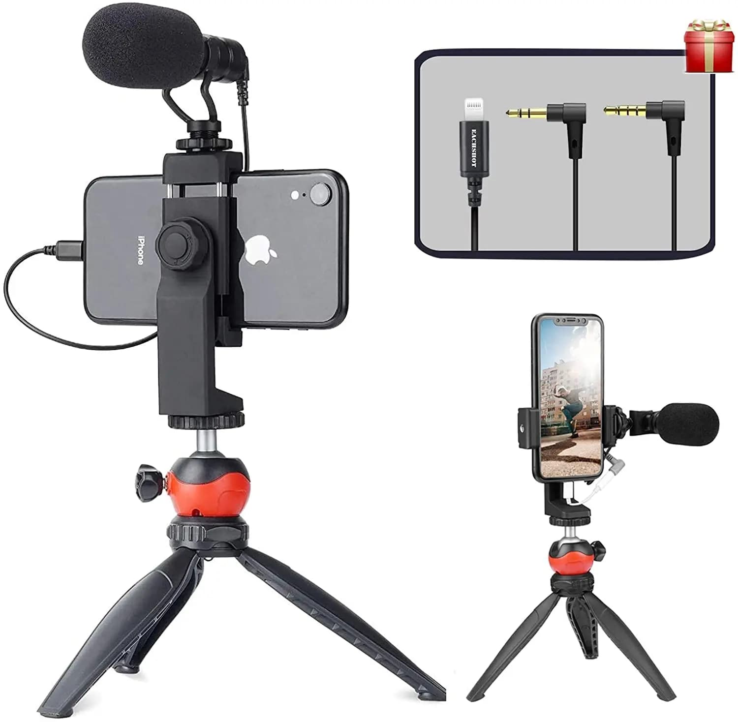 EACHSHOT Kit microfono Vlogger Luce video a LED Mini treppiede per fucile Clip per telefono per smartphone Iphone 12
