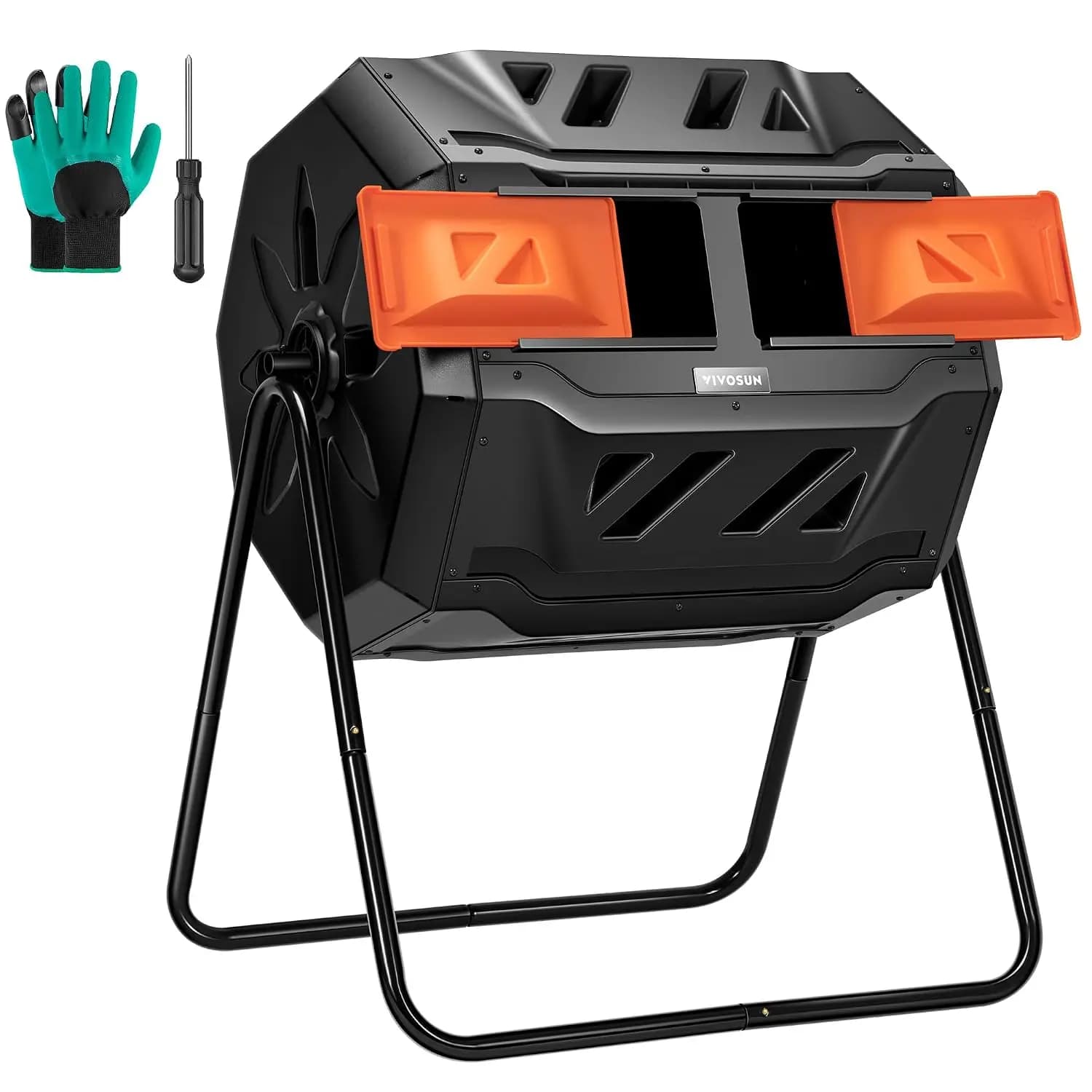 Outdoor Tumbling Composter Dual Rotating Batch Compost Bin, 43 Gallon Orange Door