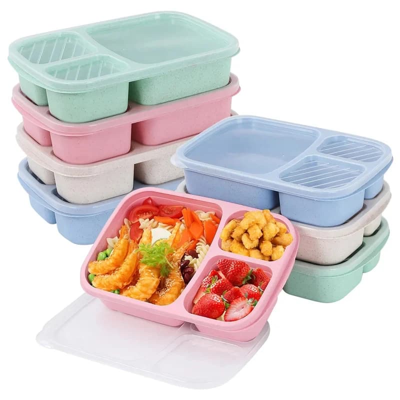 Set di 1-4 Contenitori per Pranzo Bento con 3 Scomparti, Contenitori per Alimenti in Paglia di Grano, Scatola per Preparazione Pasti, Contenitore in Plastica per Conservazione Alimenti