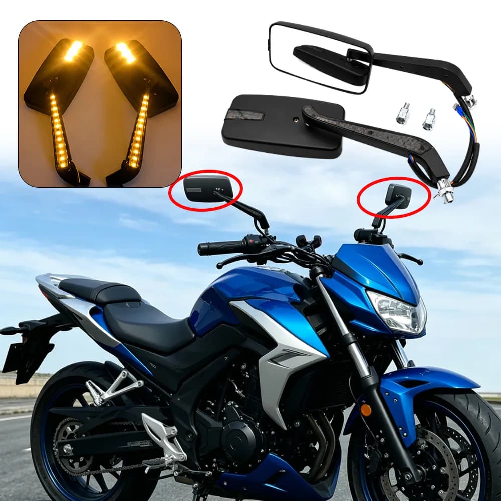 2 PCS For Most Metric Motorcycles, Cruisers, Choppers, Street Bikes, Sport Bikes Motorcycle Rearview Side Mirrors With Light