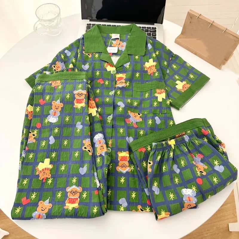 Y2K Plaid Bear Harajuku Style Plus Size Sleepwear Woman Cartoon Kawaii Lapel Neck 3 PC Pajamas Set New Summer 2025 Nightwear