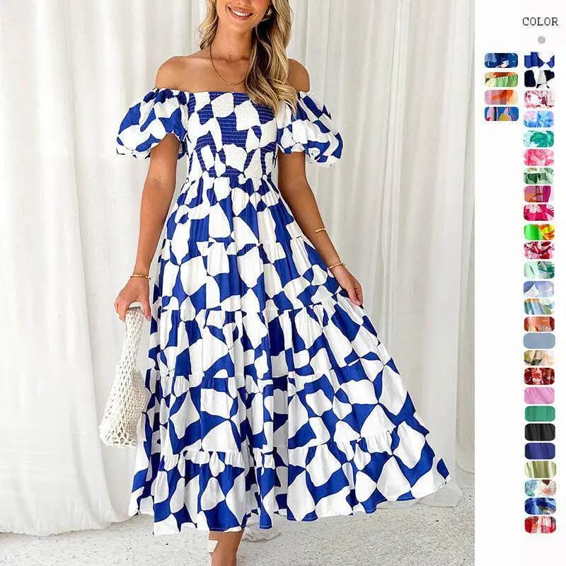 Spring Summer New Style Women's Bubble Sleeve Print Puffy Dress One Shoulder Dress Short Sleeve Casual Fashion Dress