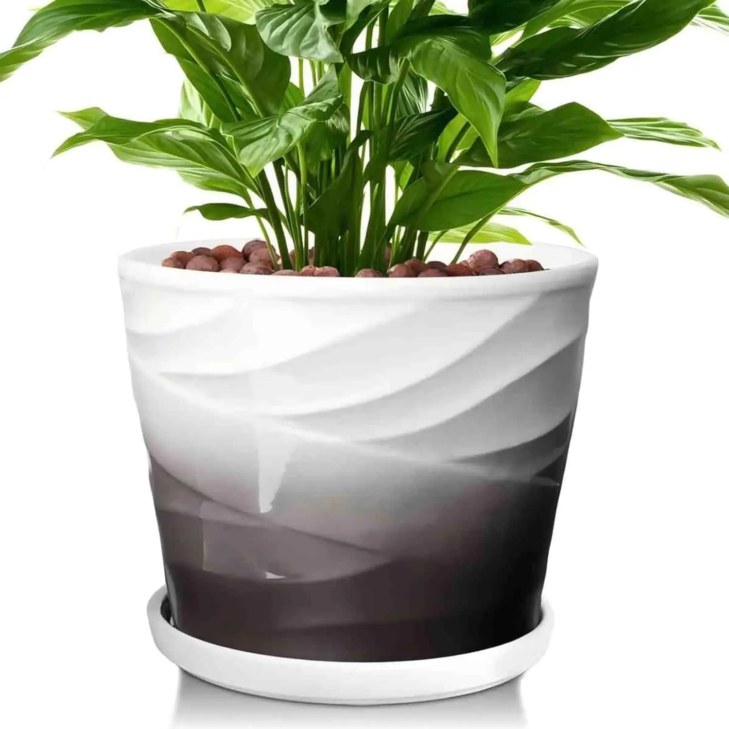 8 Inch Ceramic Vase with Drainage and Underwater, Indoor Plant Planter for Home Furniture in Dark Grey and White
