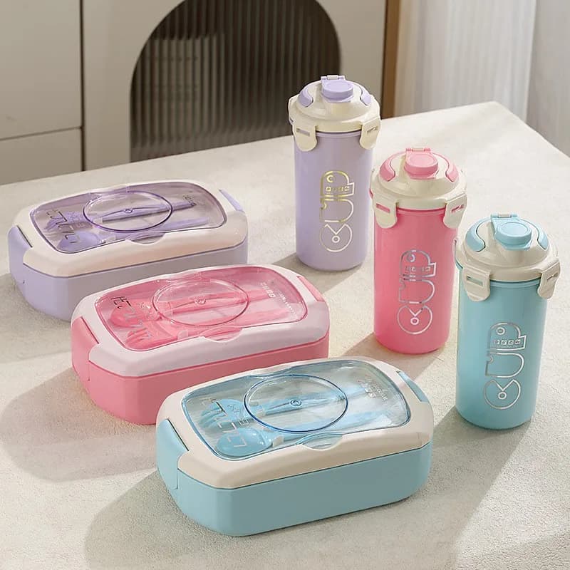 Large Portable Lunch Box Set with Mug & Spoon Fork, Microwave Safe Divided Meal Prep Container with Leakproof Lid