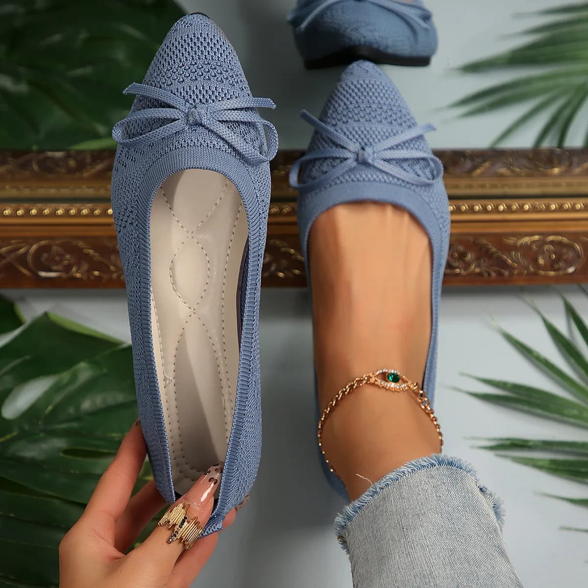 Pointed Bow Flying Flat Shoes Women's 2026 New Summer Casual Loafers Shoes Knitted Soft Sole Knitted Women's Shoes Large Size 43