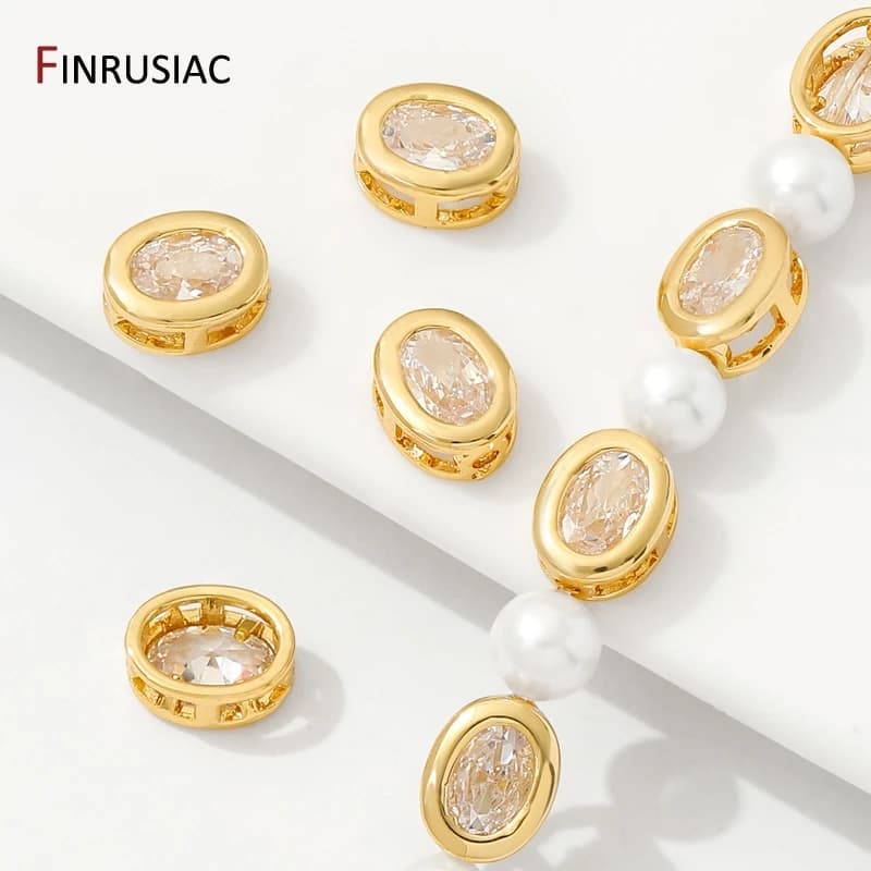 Perline distanziatrici ovali/quadrati in ottone placcato oro 18 carati per la creazione di gioielli, perline distanziatrici con zirconi intarsiati per braccialetti, accessori fai da te