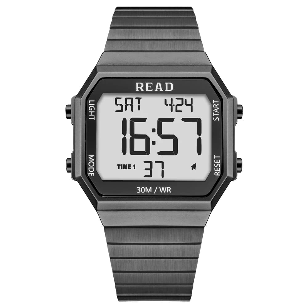 READ Square Digital Sports Watch | Stainless Steel Band | Dual Time Multi‑Alarm | LED Stopwatch | 3ATM Water Resistant