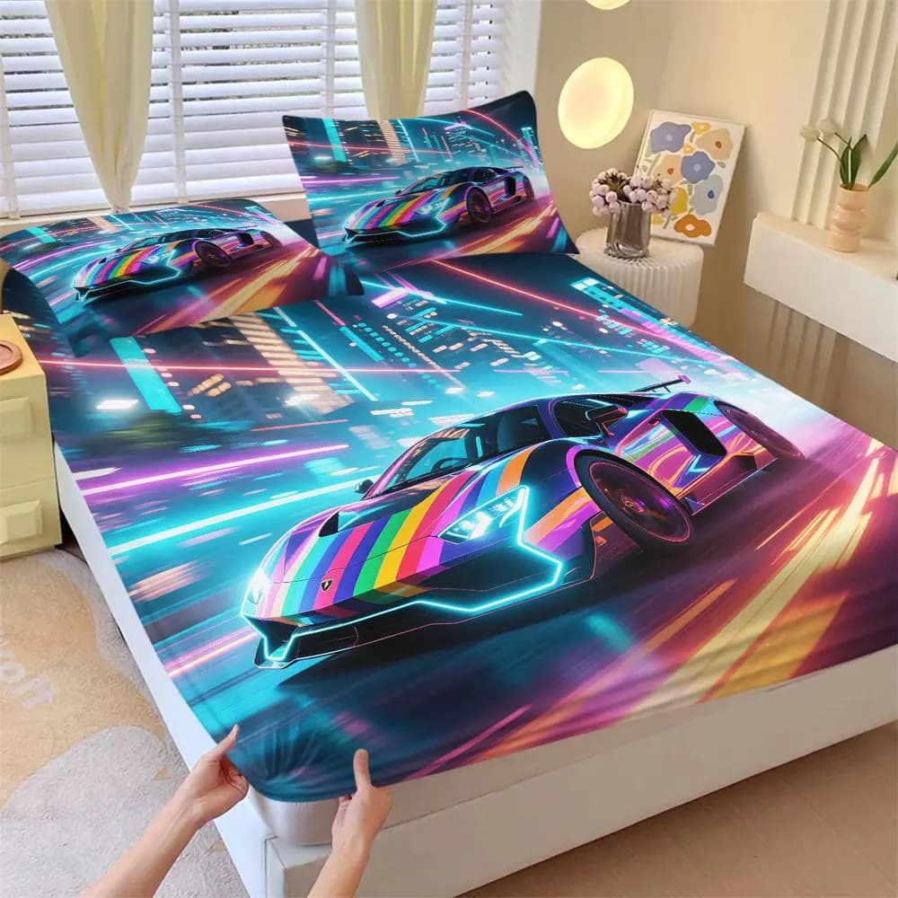 Cyberpunk Racing Car Bedding Set Neon Future City Fitted Sheet Set Soft Breathable Bed Sheet Set for Gamer Bedroom Decor