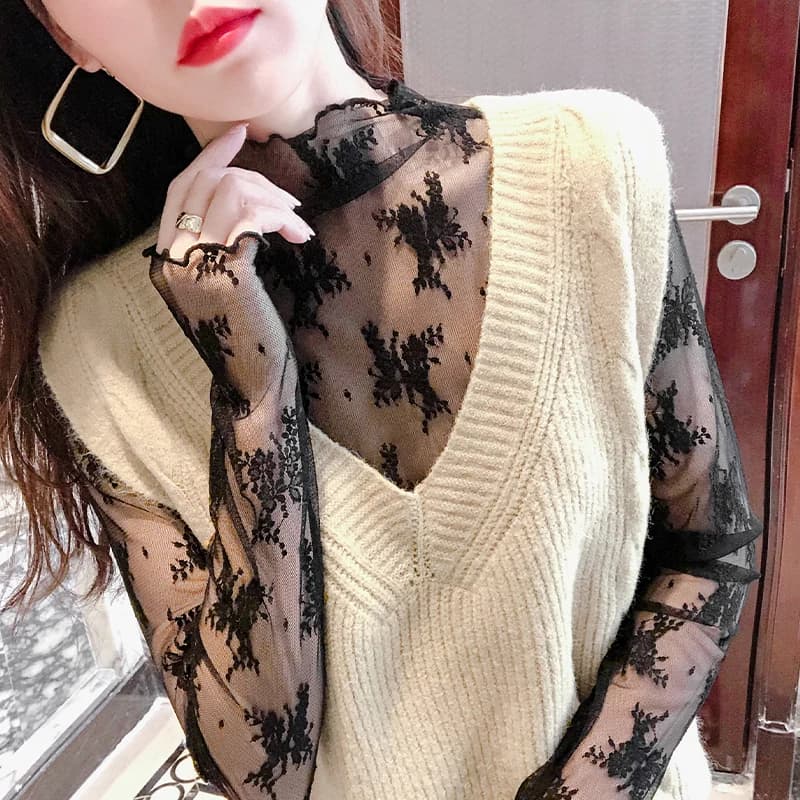 White Lace Base Shirt Women's Spring Autumn Thin Half High Collar Mesh Sleeveless Top Korean Style V-neck Long Sleeve Straigh...
