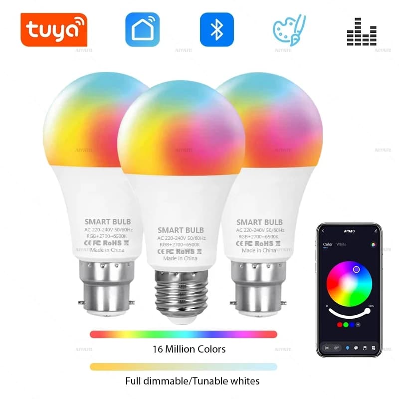 LED bulb Bluetooth Tuya Dimmable 15W 18W E27 B22 220V RGBCW Color change, Group control via Smart Life App, Music Rhythm and Temporization