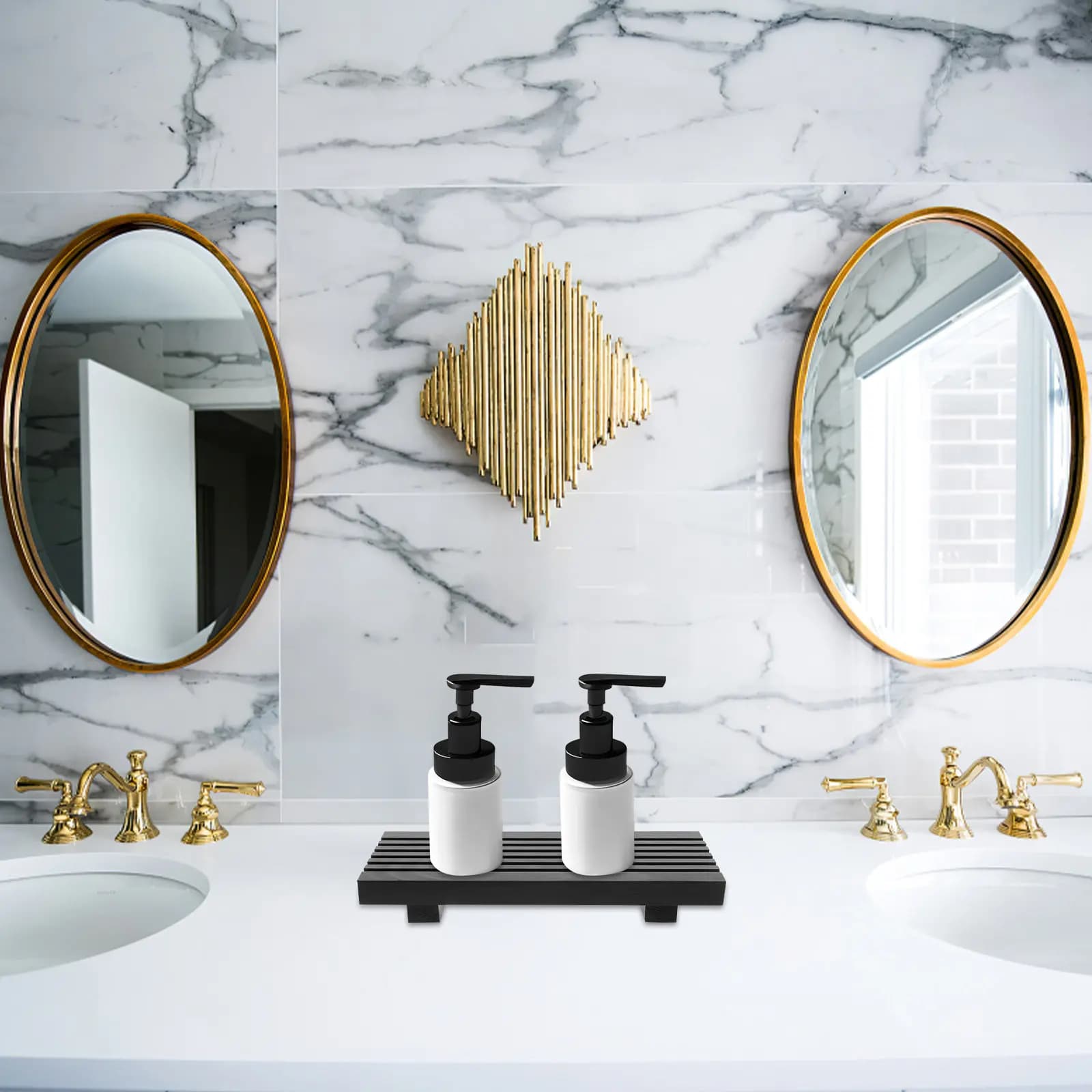 Vassoio Organizzatore Bagno in Legno 22x10cm, Vassoio Rustico da Appoggio per Dispenser Sapone e Accessori Lavabo