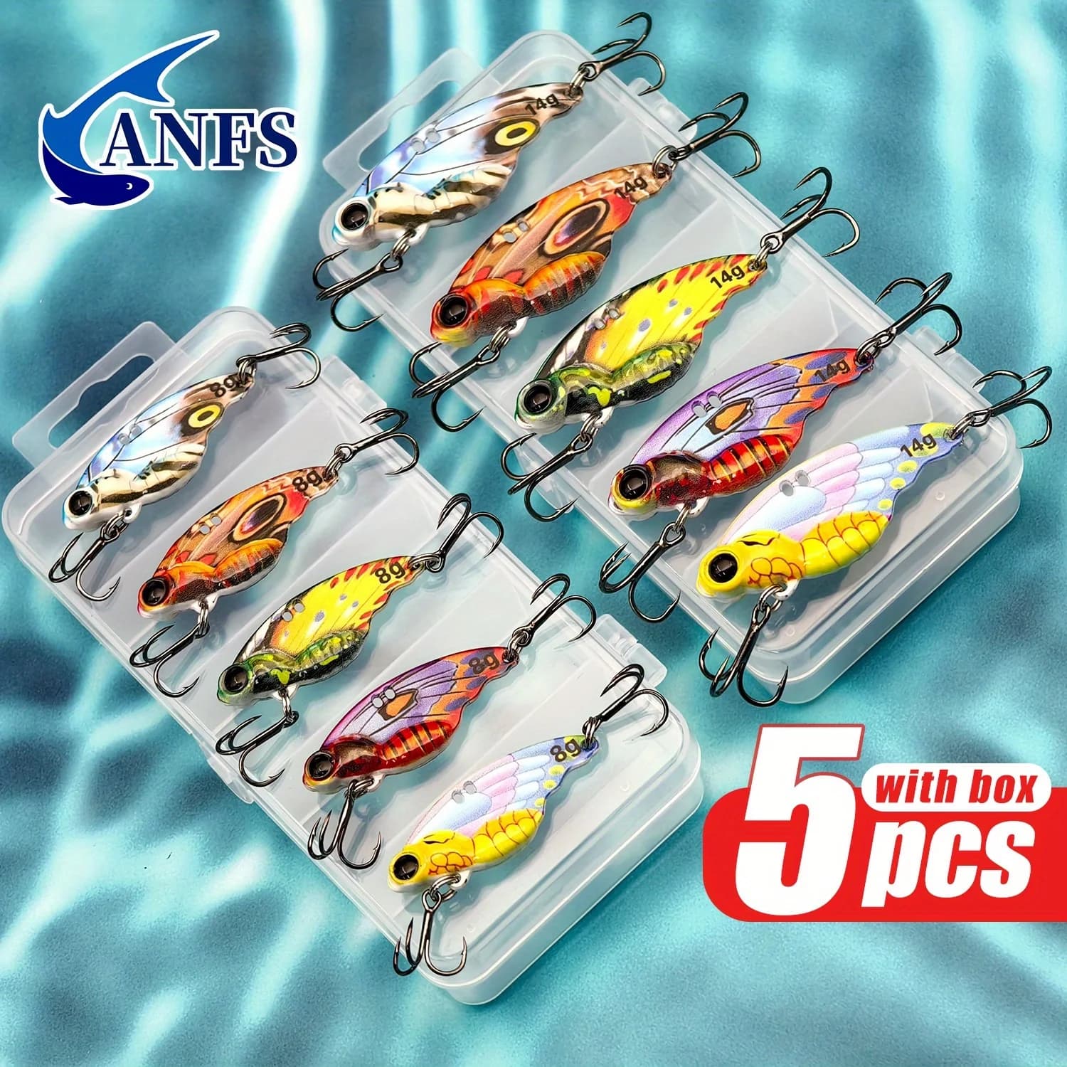 ANFS Kit di esche da pesca in metallo da 5 pezzi - Esche VIB a farfalla Colori assortiti, Incredibile regalo di pesca per pescatore