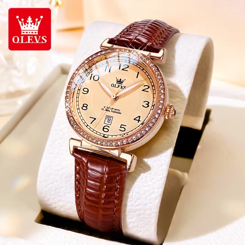 OLEVS 5590 Orologio da Donna di Lusso con Calendario, Lunetta Luminosa con Diamanti, Cinturino in Pelle, Elegante Orologio al Quarzo da Polso per Signora