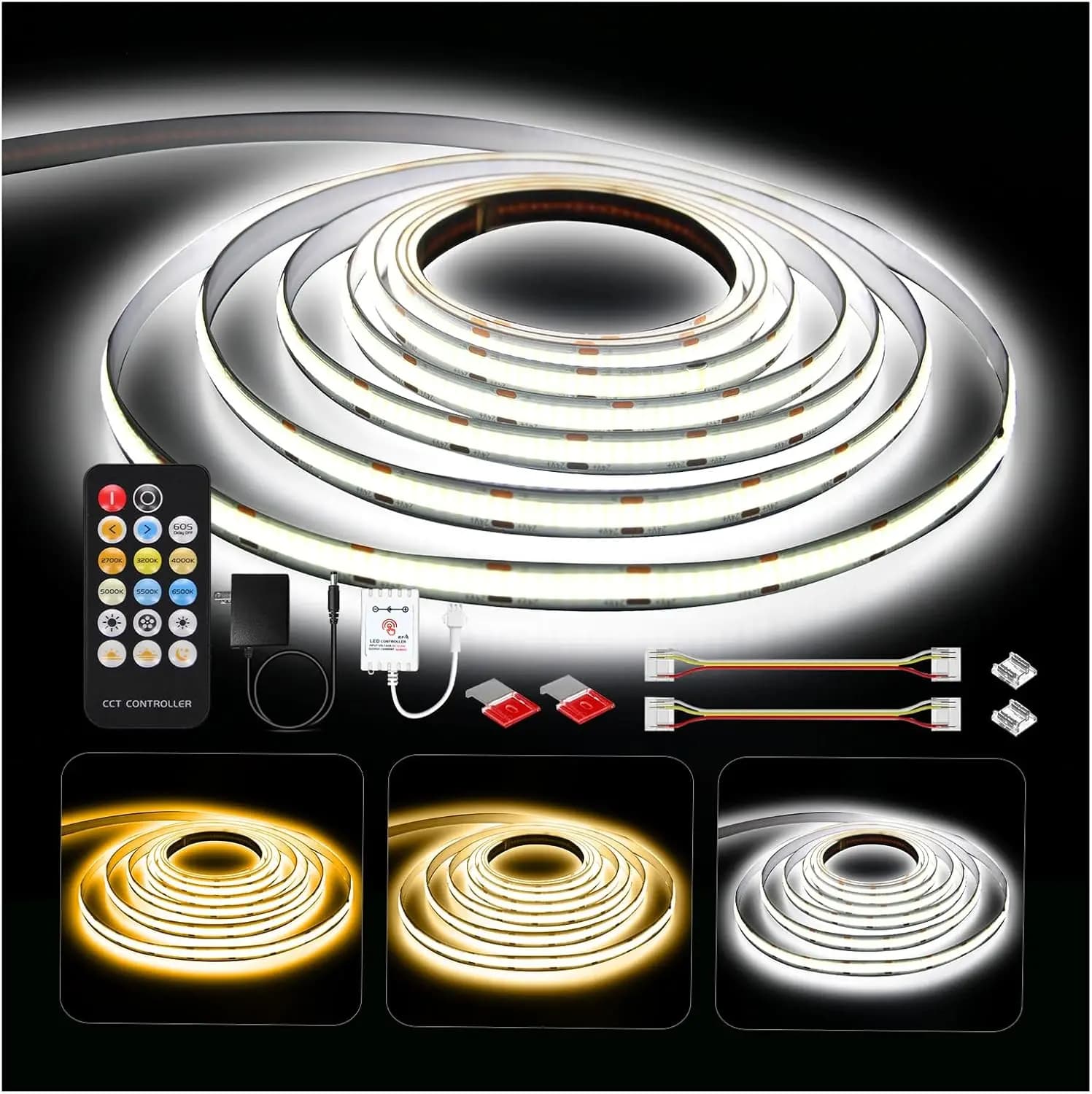 Strisce LED COB 2700K-6500K, 3040 LED, 24 V, telecomando RF, dimmerabili, CRI90+, 16,4 piedi