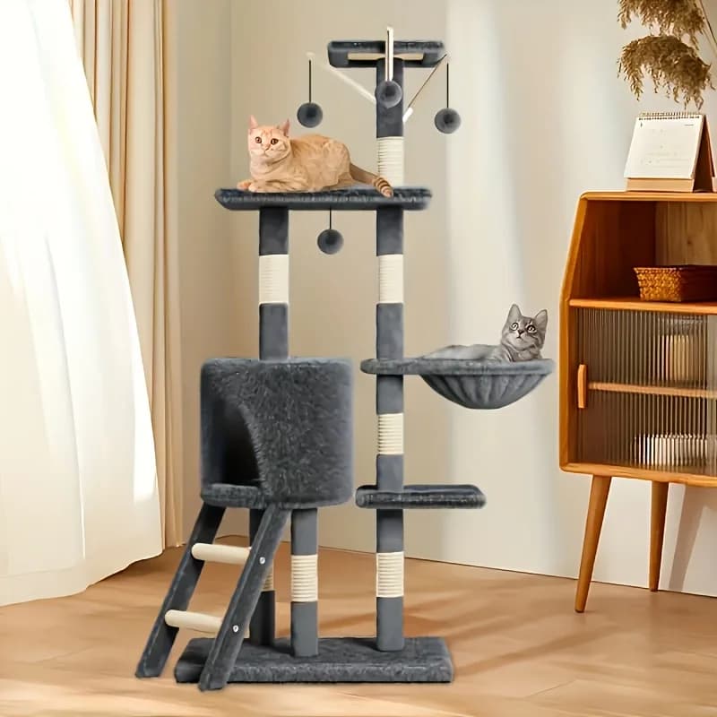 Torre Tiragraffi per Gatti Multistrato da 53 Pollici con Tiragraffi in Stile Asiatico, Dispositivo Anti-Rollio, Letto Grande per Appartamento, Posatoio, Lussuosa Stanza in Peluche per Animali Domestici, Adatta per Gatti e Gattini da Interno, Robusti Giocattoli in Peluche per l'Intrattenimento dei Gatti