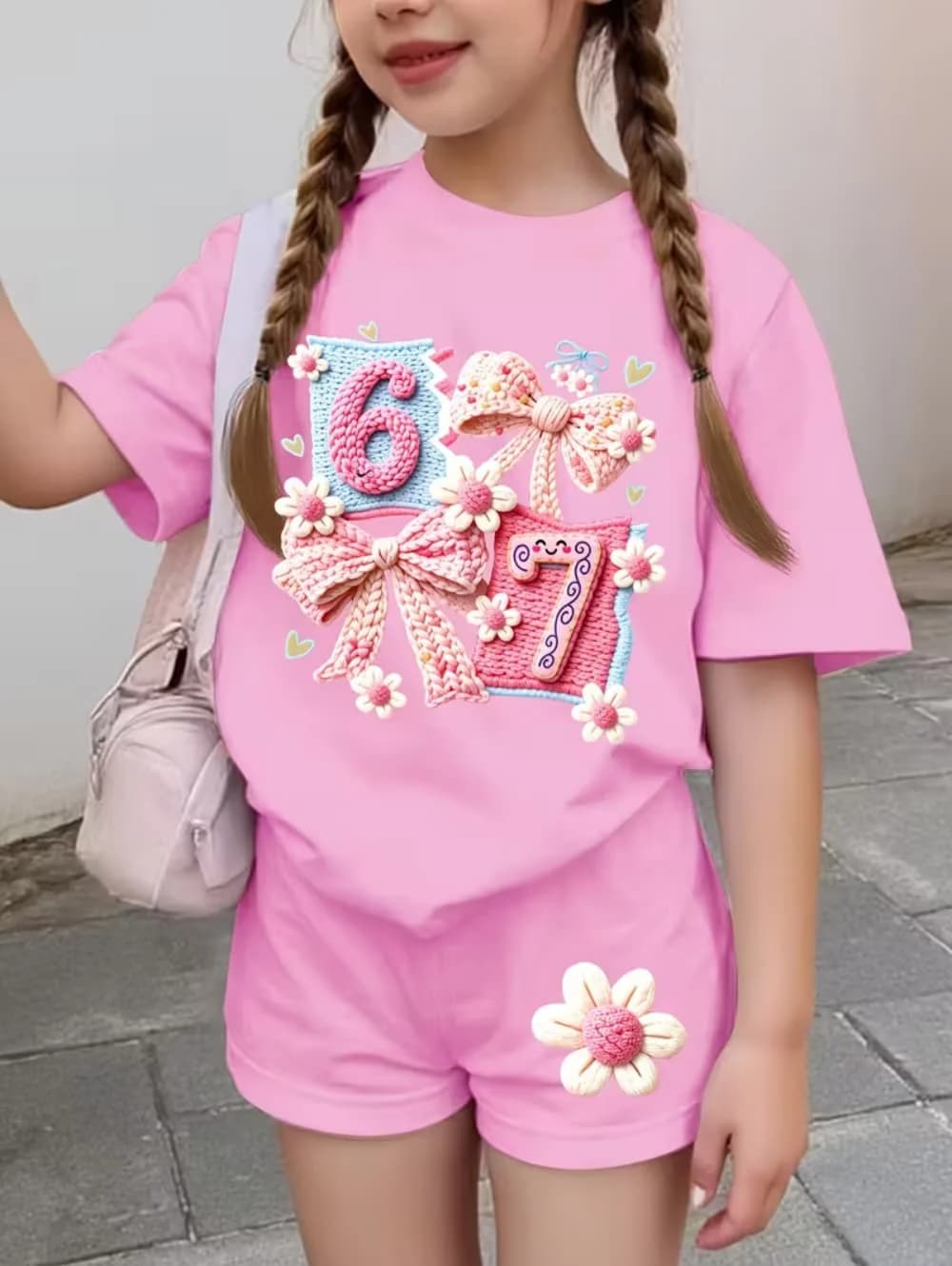 Set di Abbigliamento per Bambine 67 Six Seven, T-Shirt a Maniche Corte con Stampa di Fiocchi e Fiori + Pantaloni, Moda Casual per Bambini