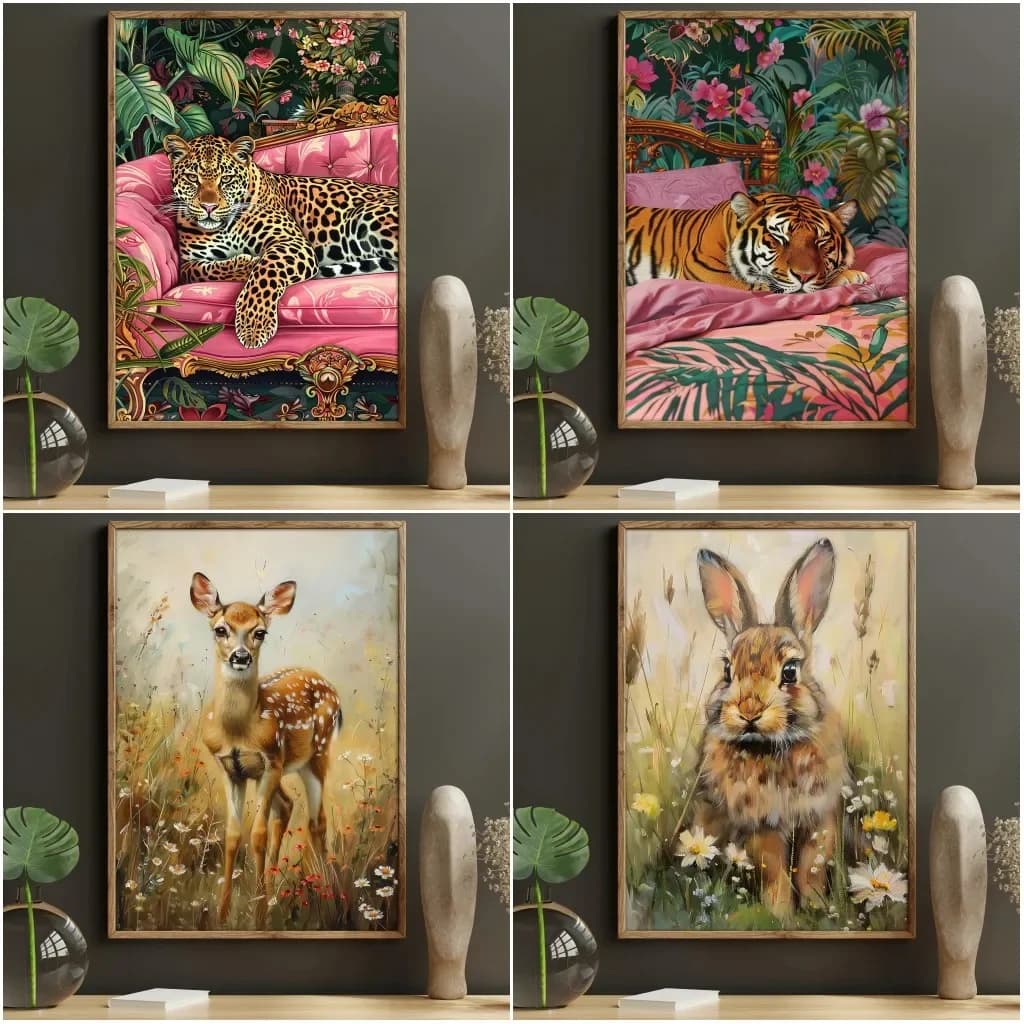 Diamond Painting Pop Lovely Wildlife Wall Art Diamond Print Leopard Tiger Sleep On Bed Painting Deer Rabbit In Flowers Poster