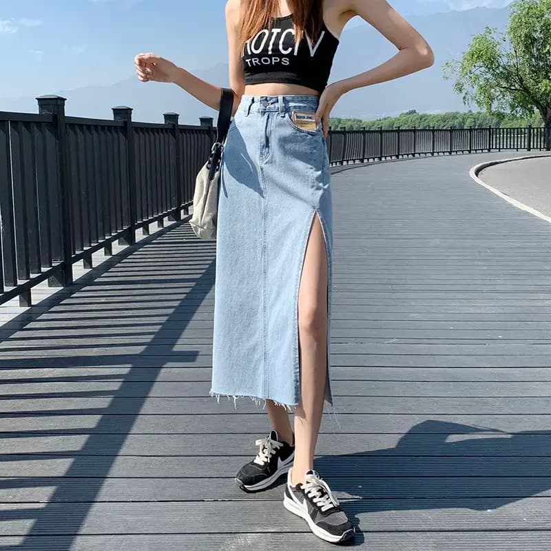 Women's skirt Vintage Denim Longuette Solid Color 2025 Summer Elegant Casual A-line With Side Split Cotton Clothing Women's New Dress