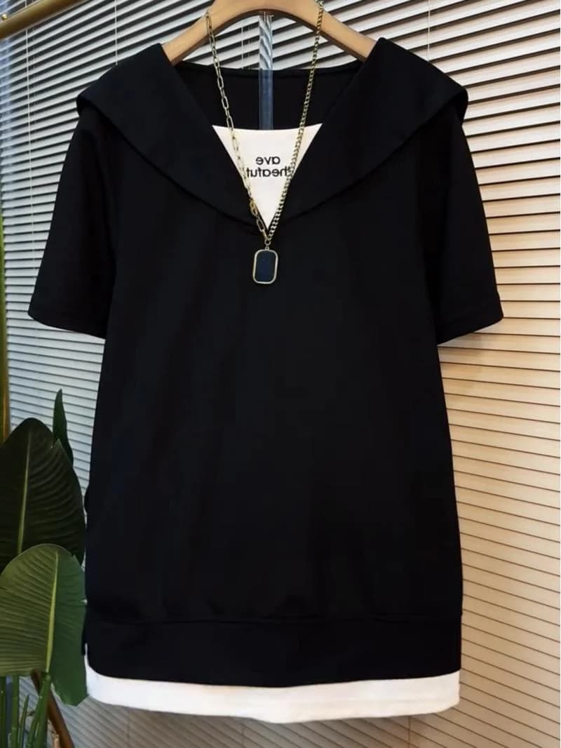 plus Size Casual Summer Top Navy Collar Splice Fake Two-Piece Loose Fit Short Sleeve Women's T-Shirt Fashionable plus MM