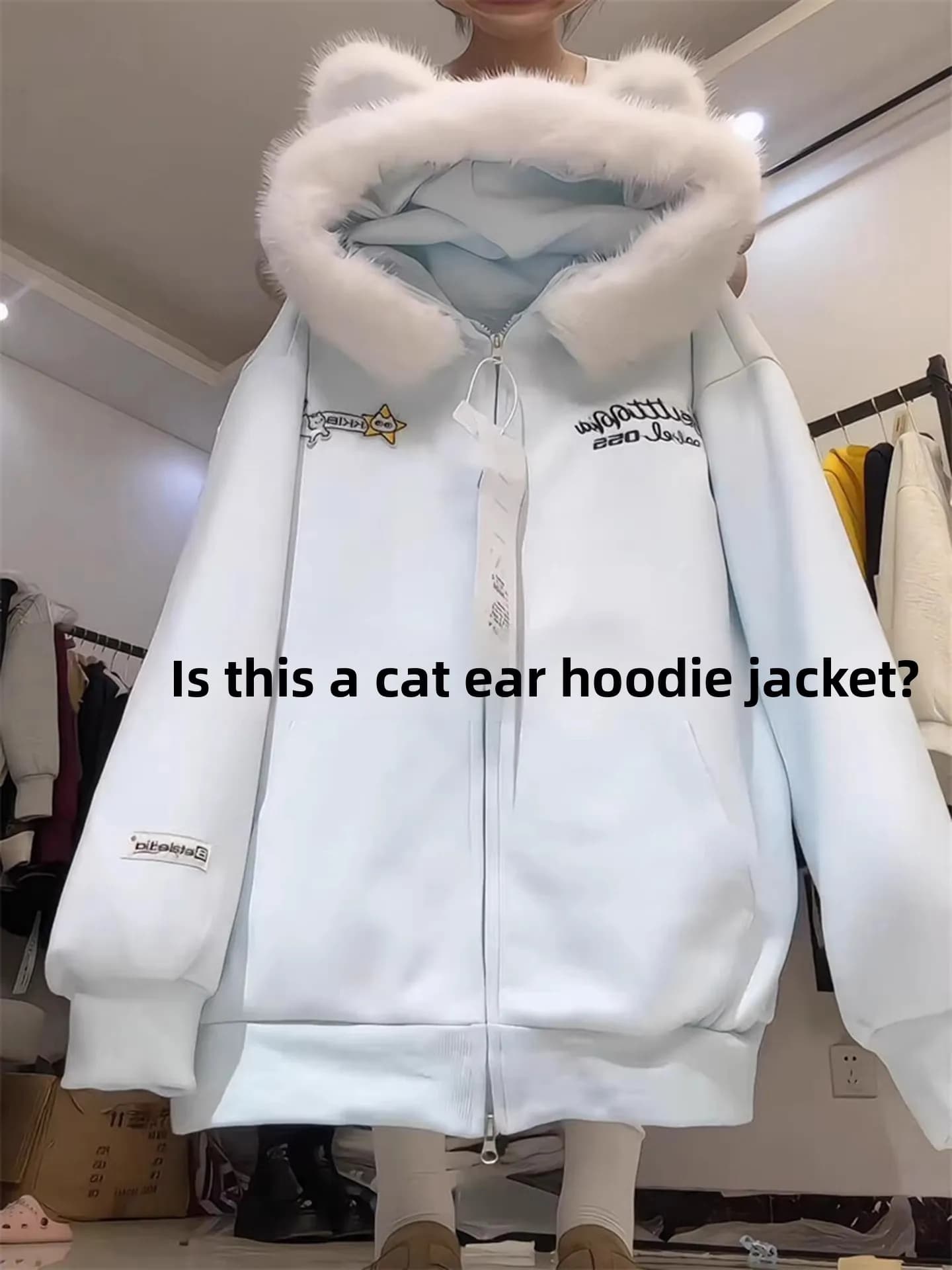 Retro American Ear Fur Collar Hoodie Women's Autumn Winter Fleece Lazy Style Blue Casual Jacket Loose Fit Long Sleeve