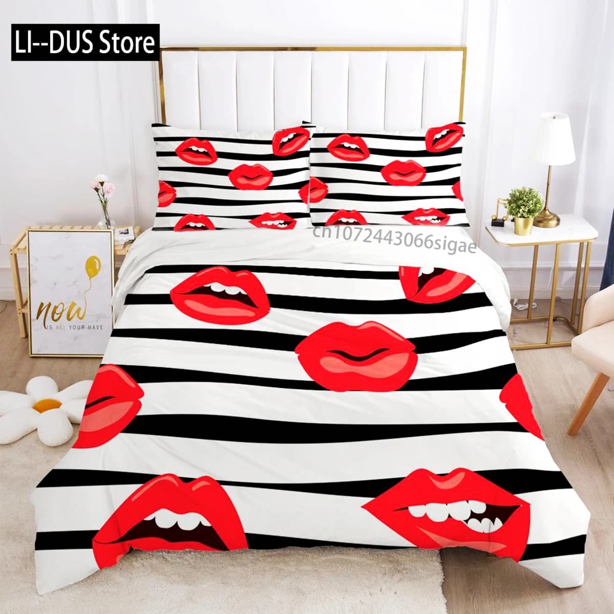 Set copripiumino labbra rosse Queen Poliestere Love Set biancheria da letto doppia Tema sexy Coppia per adulti Copripiumino Copripiumino 3D Kiss Marks