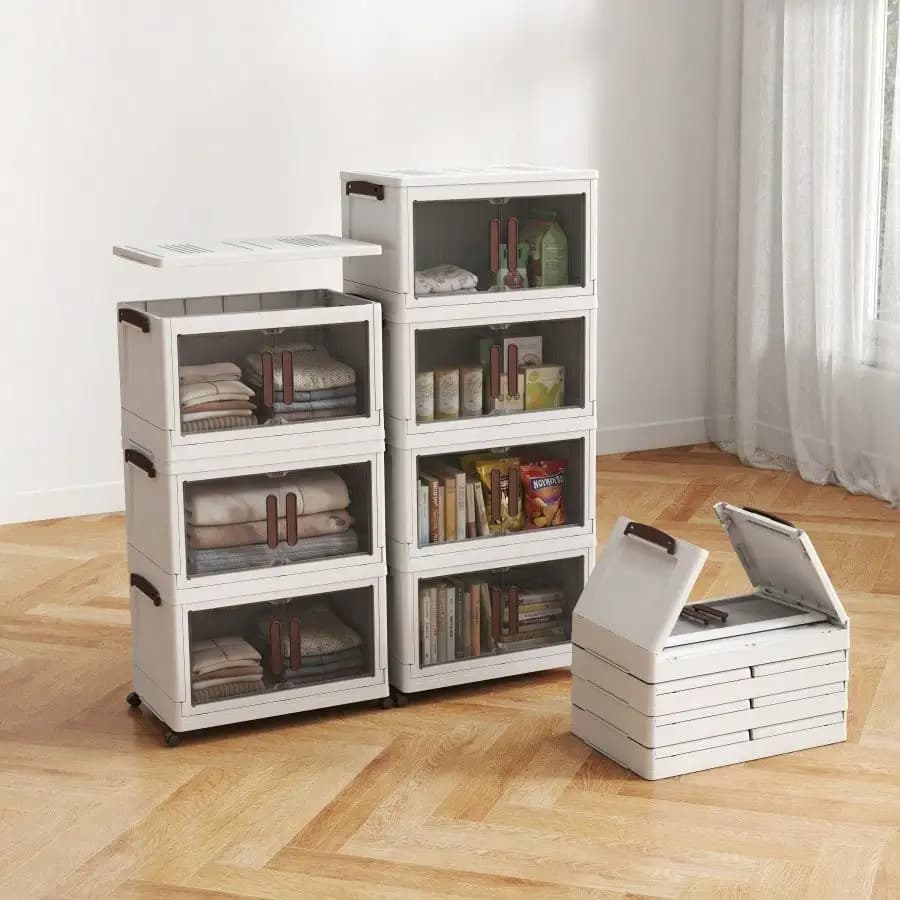 3/4/5‑Tier Stackable Wheeled Foldable Plastic Storage Box, 2‑3 Cubic Feet Capacity 27‑Inch Height, Durable Modern Multi‑Functional Organizer for Home & Office, Works as Wardrobe Storage or Trash Can, Space‑Saving for Living Room, Bedroom & Workspace