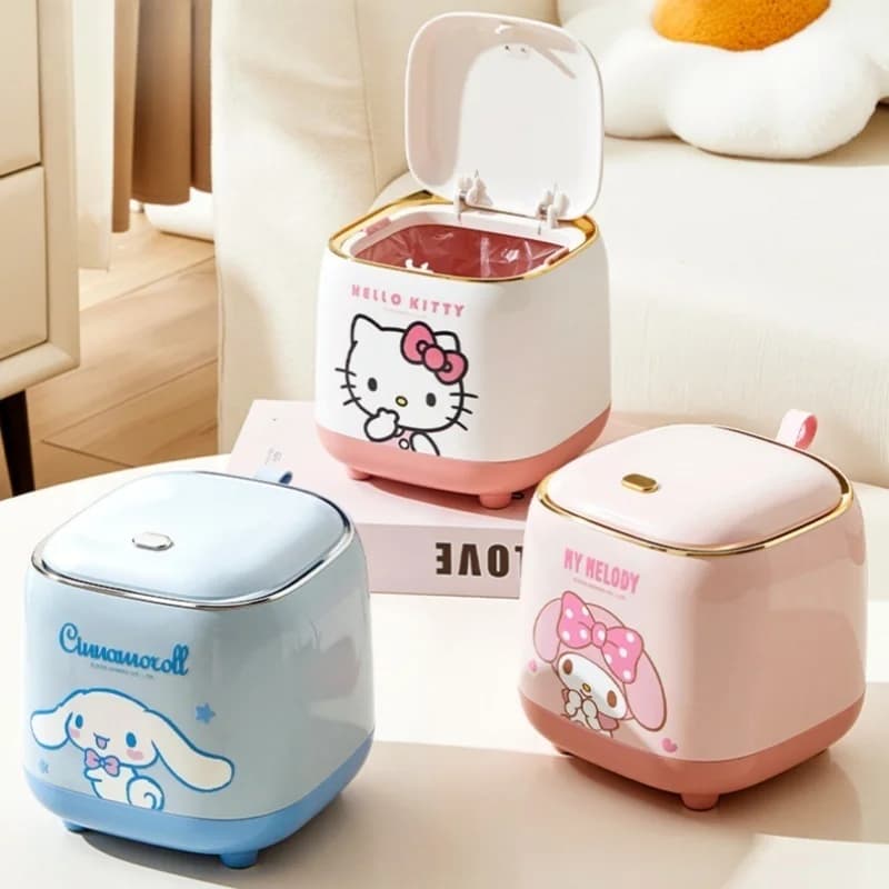 Cestino da scrivania Kawaii Sanrio da 1,5 litri, mini cestino a pressione Hello Kitty per camera da letto, ufficio, dormitorio, casa, contenitore portaoggetti da scrivania