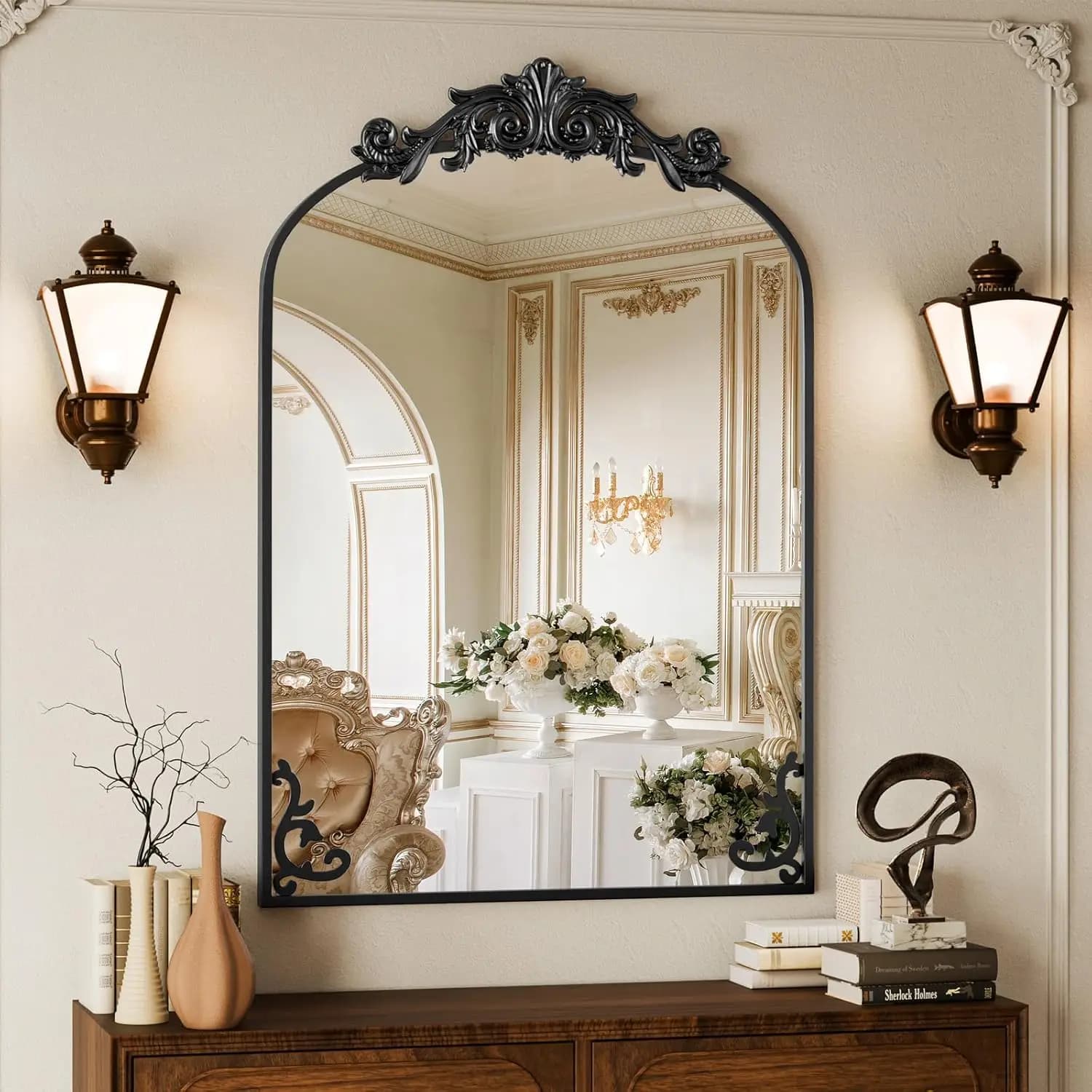 Specchio Vintage, 24x36 Specchio da Bagno Antico Barolon da Parete, Testa a Fiore, Vetro Temperato Infrangibile, Specchi Ornamentali Arcuati