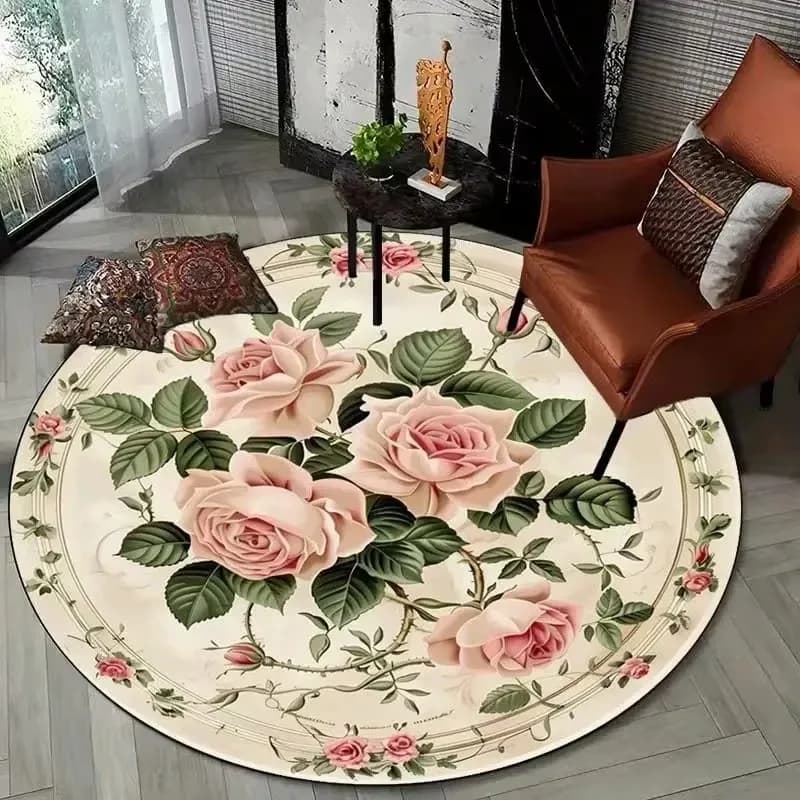 Princess Floral Pattern Round Carpet – Easy Clean Decorative Rug for Living Room, Bedroom, Festive Home Atmosphere Decor