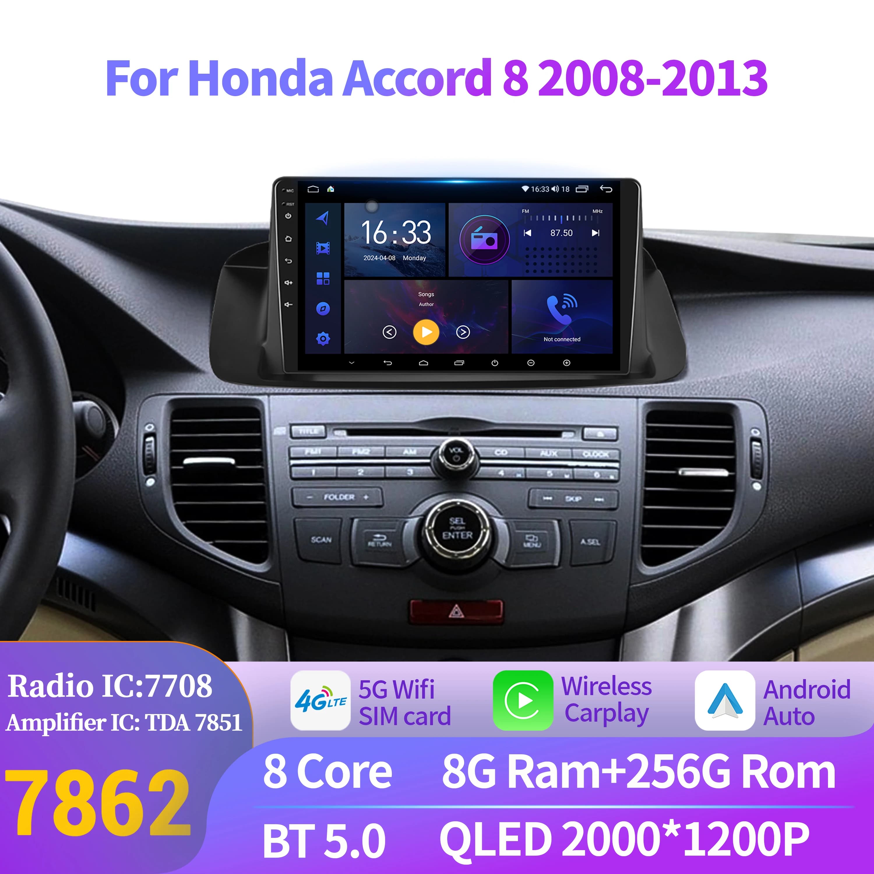 Android 14 per Honda Accord 8 Spirior 2008-2013, Autoradio Multimediale con Navigazione, Carplay Wireless Universale, 8G 256G, Schermo 2K