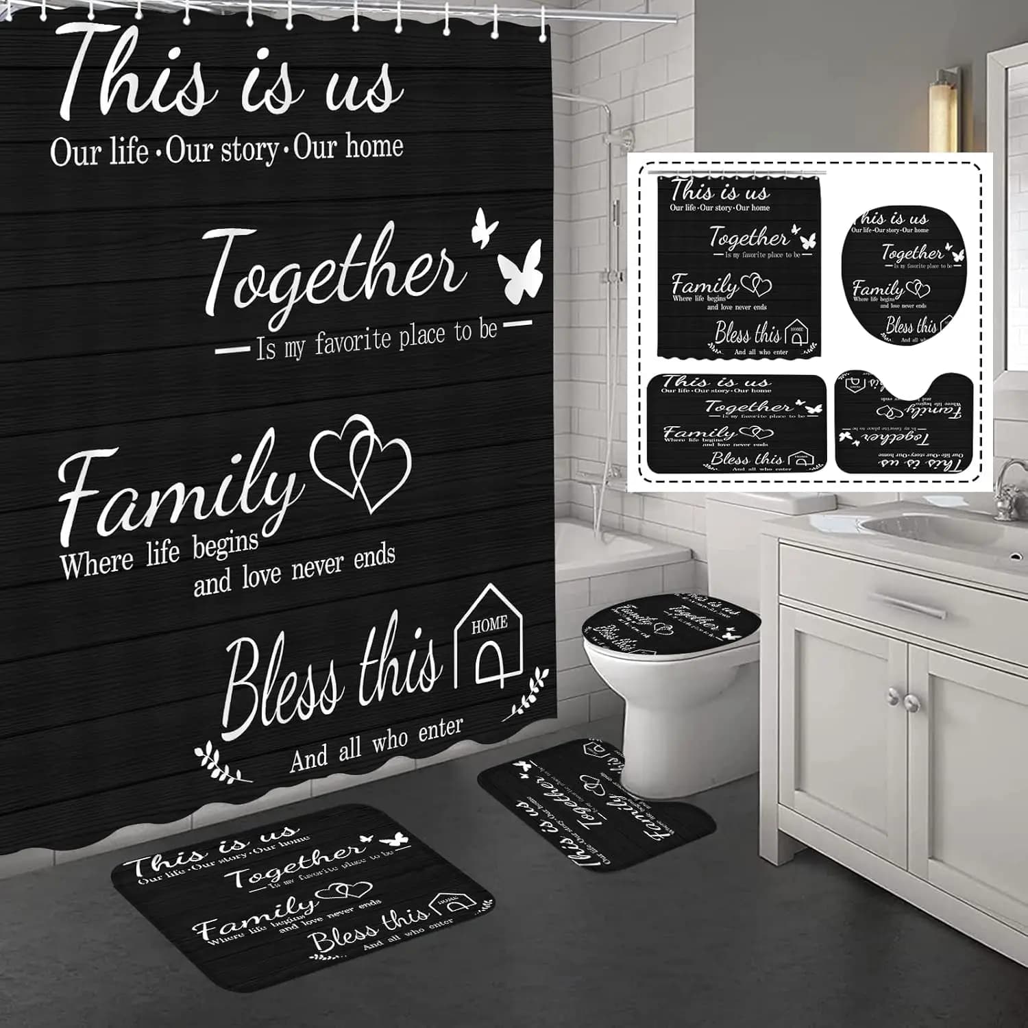 4PC Family Shower Curtain Set - Waterproof Black Bathroom Decor with 12 Hooks, Non-Slip Mats & Toilet Cover, 72x72 Inch 180X180
