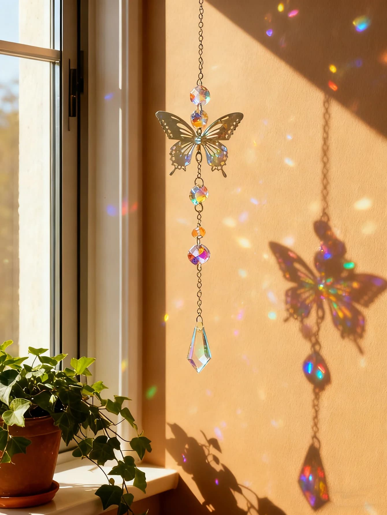 Butterfly Crystal Suncatcher Rainbow Maker Hanging Ornament with Prism Beads Light Catcher for Window Home Garden Decor Gifts