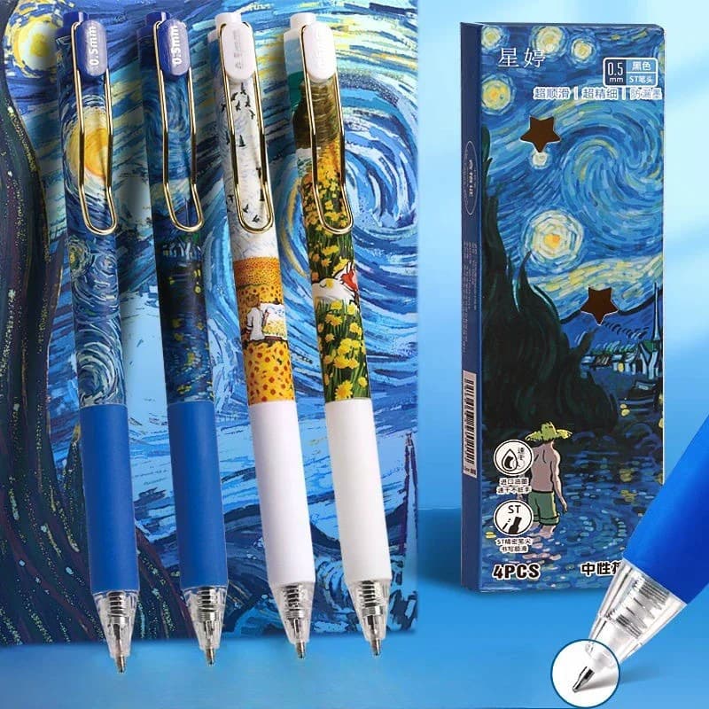 4 Pezzi/Scatola Penne Gel a Pressione con Design Trendy Ispirato a Van Gogh, Inchiostro Nero 0.5mm, Penne a Sfera, Cancelleria, Penne ad Asciugatura Rapida per Studenti