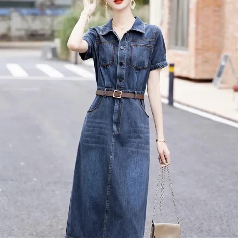 Abito camicia di jeans a maniche corte 2025 Nuovo abito slim temperamento estivo da donna con cintura Abbigliamento casual