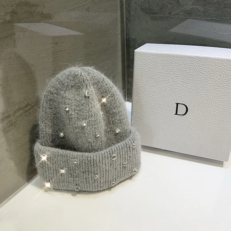 Rabbit Wool Beanie Hat Rhinestone Decor Warm Thickened Winter Autumn Fashionable Versatile Outdoor Activities Daily Commute