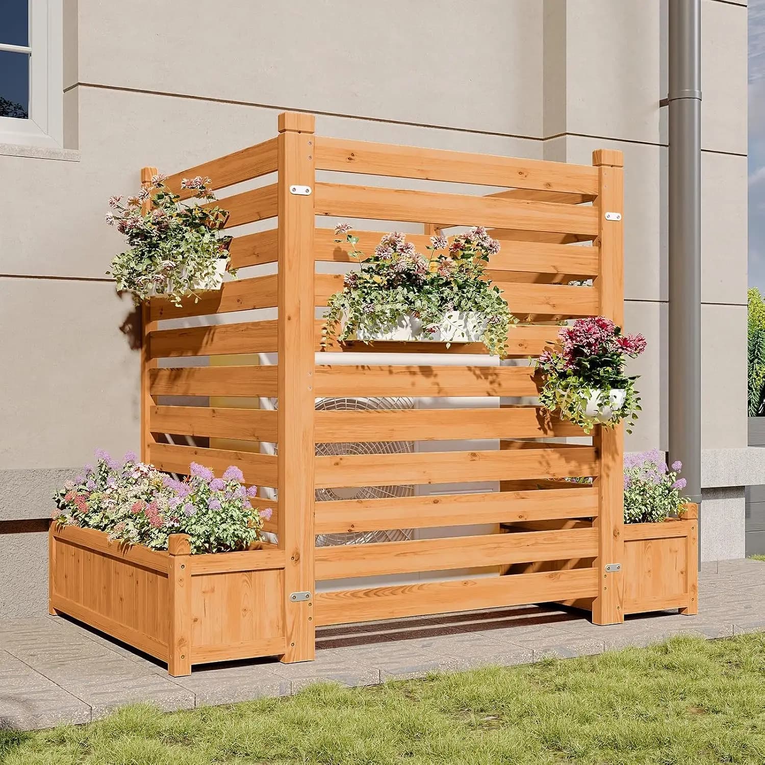 Air Conditioner Fence Cover, Wood Privacy Screen Panel With Planter Box, Freestanding Outdoor Trash Can Enclosure, Decorative Garden Divider Trellis, Modern Rustic Style, Natural Brown, Single Set
