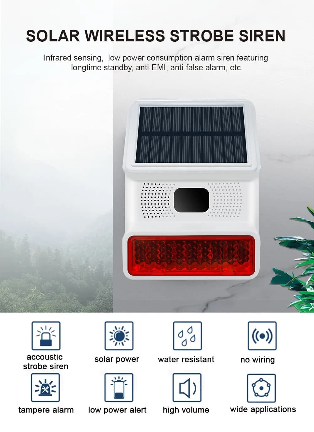 Sirena stroboscopica wireless a energia solare resistente alle intemperie IP65 Sistema di allarme sonoro e luminoso Rilevatore di allarme antifurto per la sicurezza domestica