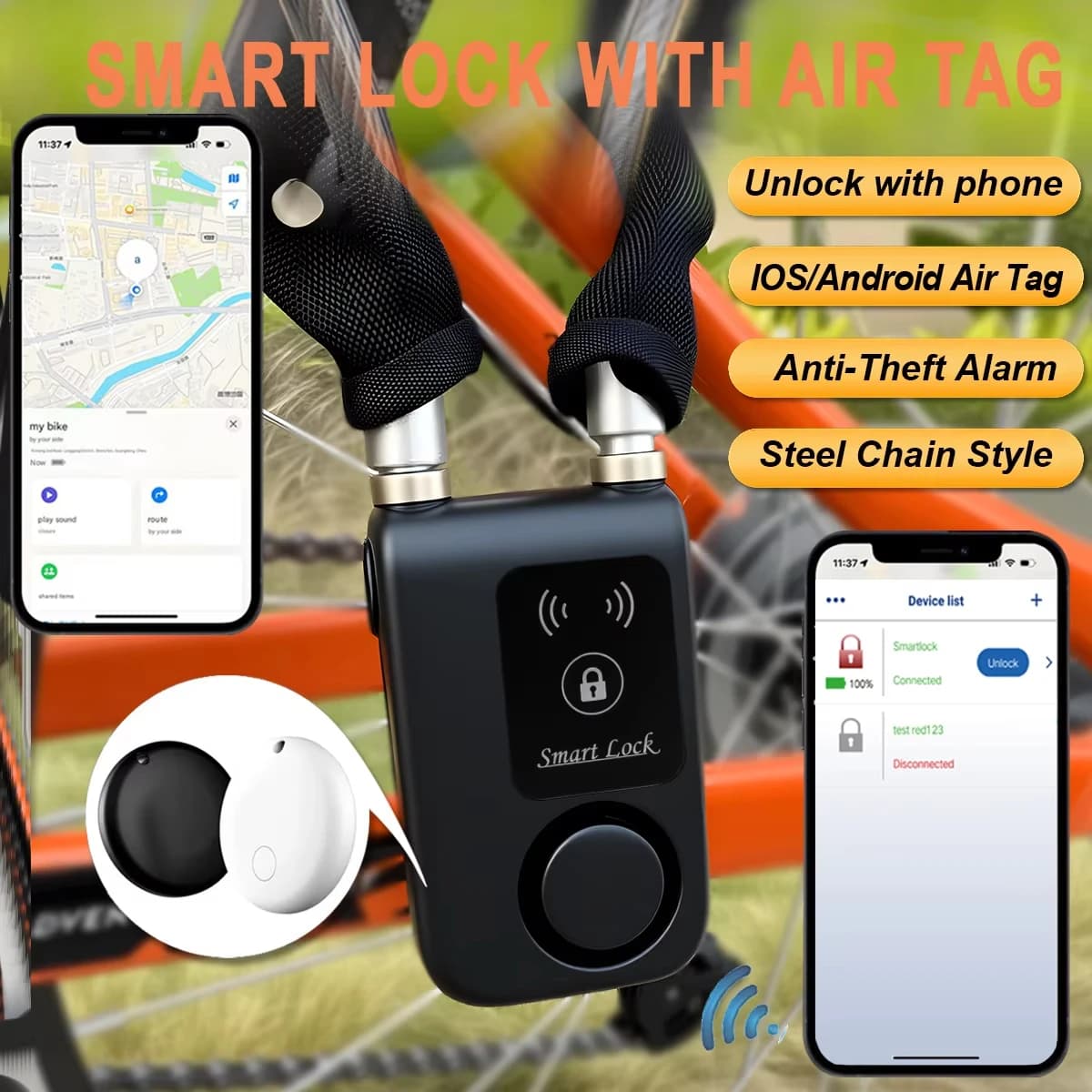 Bluetooth Smart Bike Lock w/ 110dB Alarm, IP55 Waterproof, MFi AirTag Slot, App Control, Anti-Theft Steel Chain