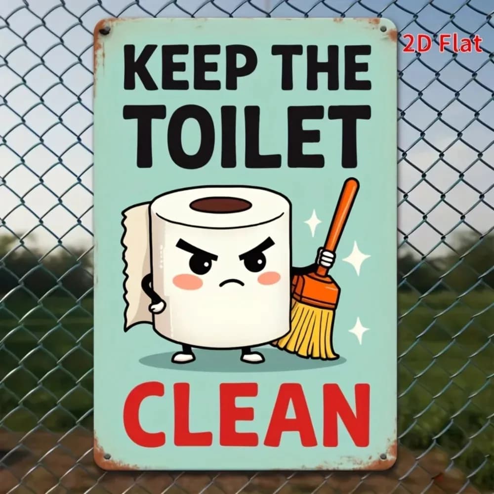 Targa in metallo vintage con scritta 'Keep The Toilet Clean' – Opera d'arte in latta stampata in HD con simpatico personaggio arrabbiato che tiene un rotolo di carta igienica