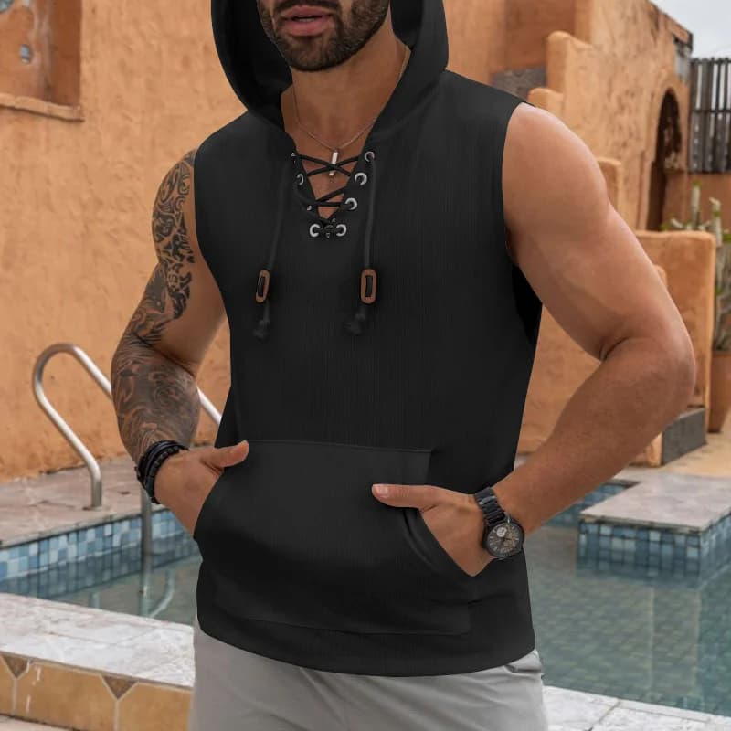 2025 estate uomo casual top con cappuccio senza maniche canotta t-shirt tasche grandi pullover uomo tinta unita gilet con lacci