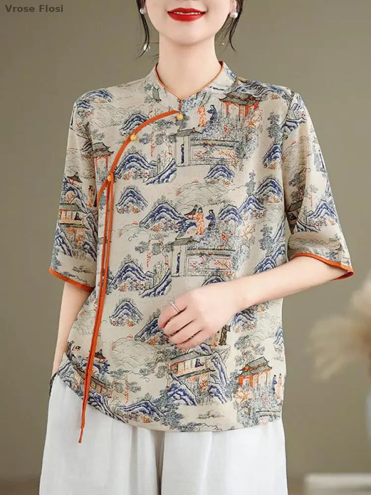 2025 Top Printed Short Sleeves New Fashion Women's blouse Fashionable Chinese style T-shirt casual summer Comfortable shirt