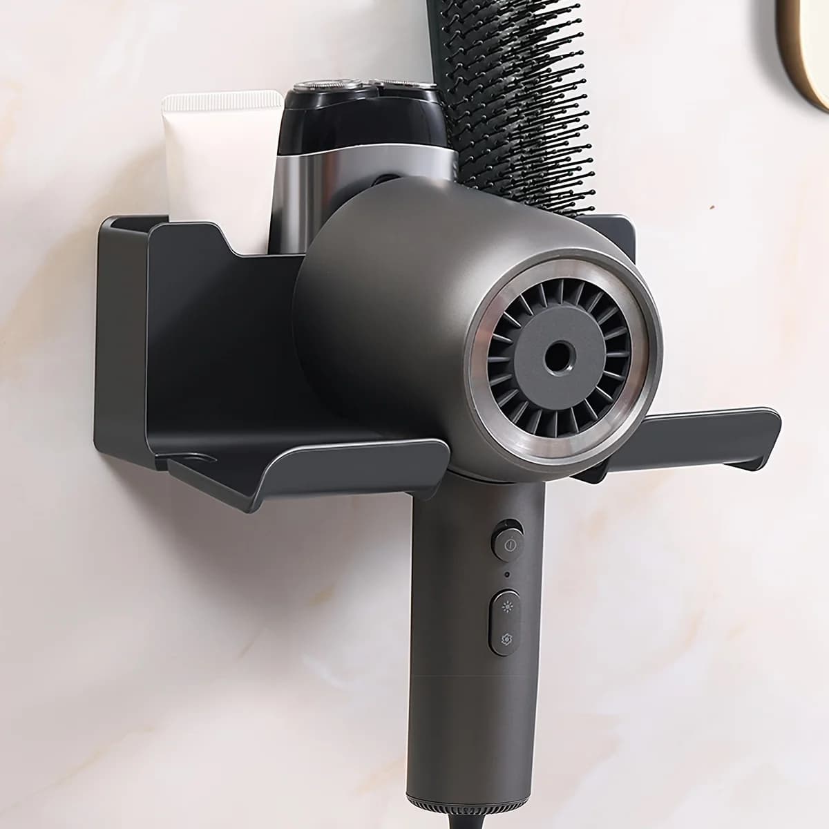 Wall support for hair dryer, adjustable organizer with exit hook, hands-free container for dryer and hairdryer plate