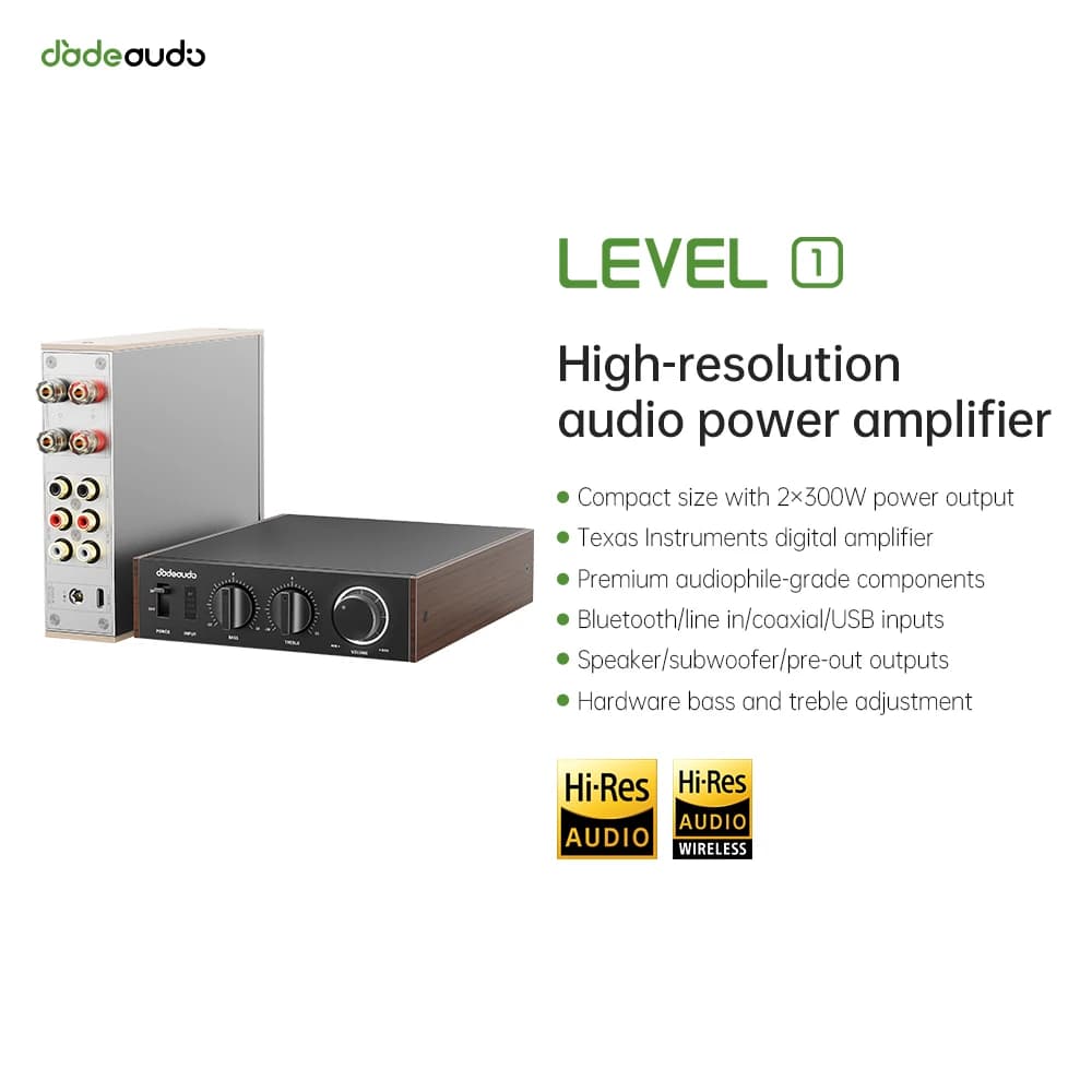 JadeAudio Level 1 Desktop HiFi Bluetooth LDAC Amplifier, 2×300W Class D Amp, USB/Coax Input for Home Theater/PC with 48V Power