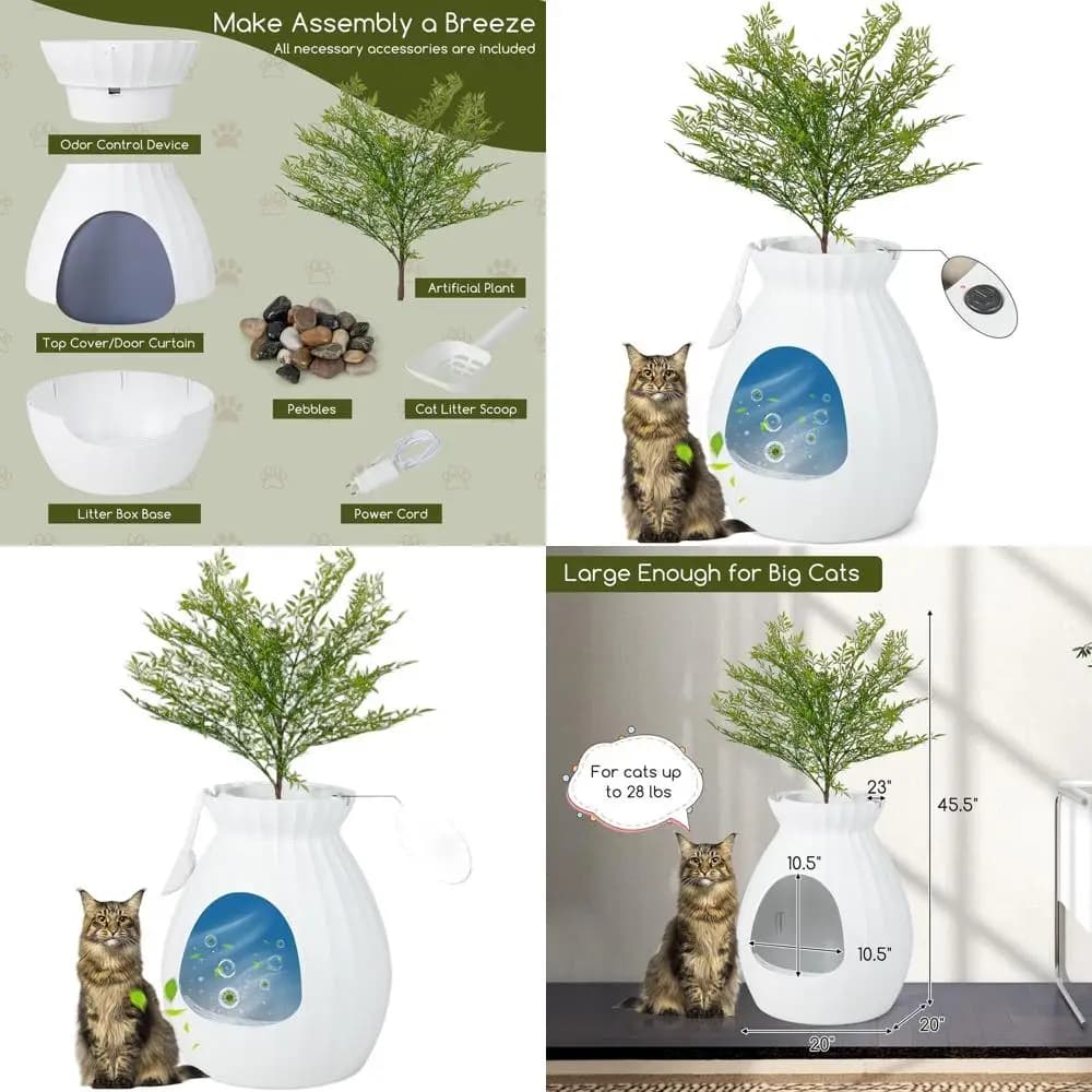 Recinto Discreto per Lettiera Gatti con Controllo Odori, Design con Piante Artificiali, Grande Fioriera con Porta e Accessori