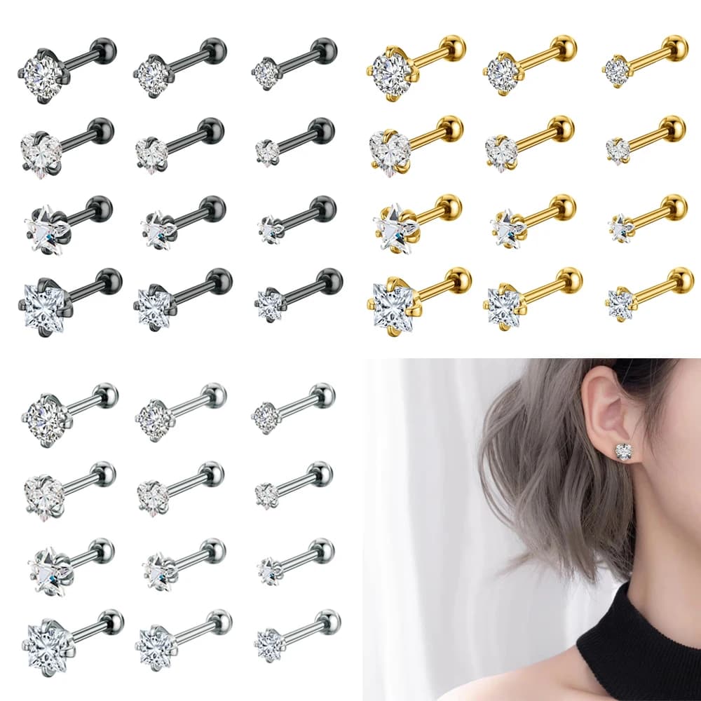 Set di 4 Paia di Orecchini a Perno in Acciaio Inossidabile 16G, Colore Oro e Nero, a Forma di Cuore, Stella e Quadrato, Mini Piercing per Orecchie, Naso e Labbra
