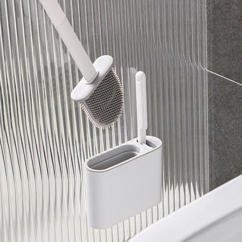 Porta scopino per WC per pulizia WC da appendere alla parete, manico lungo, in silicone, resistente all'acqua, setole morbide ad asciugatura rapida, accessori da bagno