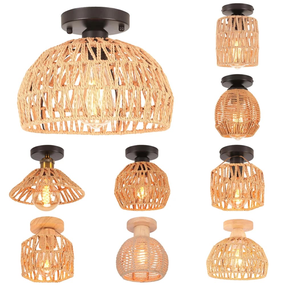 Retro Led Corda di canapa Lampada da soffitto intrecciata Corridoio Corridoio Soggiorno Plafoniera E27 Lampade per tessitura in rattan fatte a mano Apparecchio decorativo